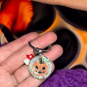 Handmade Cat Keychain with Glow-in-Dark Glitter & Mushroom Charm